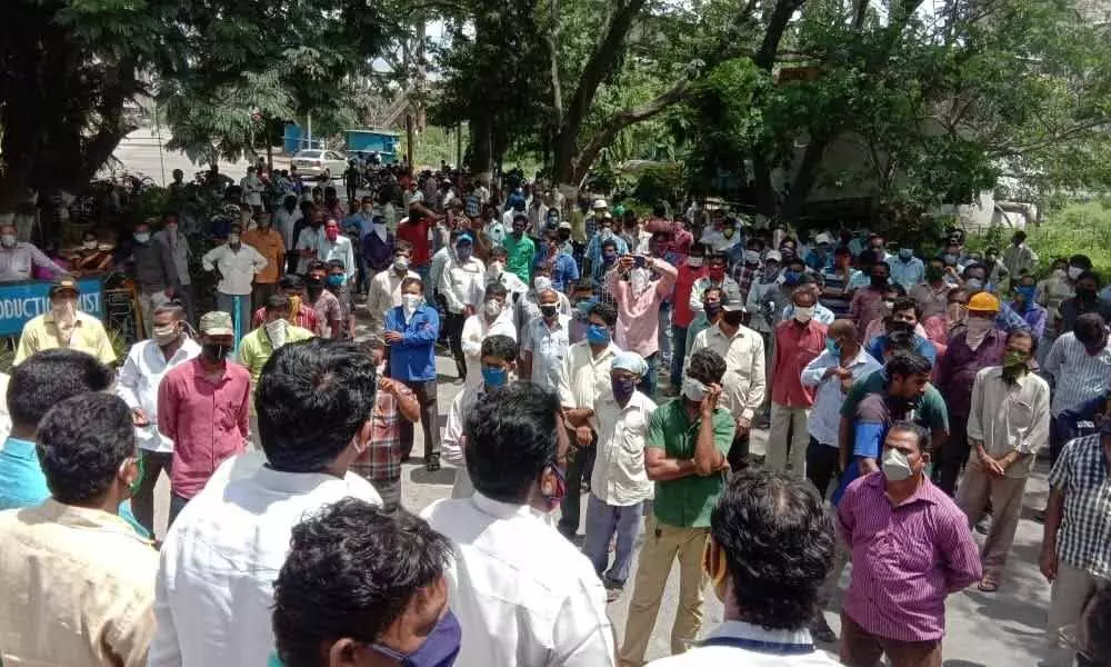 Union leaders addressing contract labourers at the two-day strike that began in Visakhapatnam Steel Plant on Friday