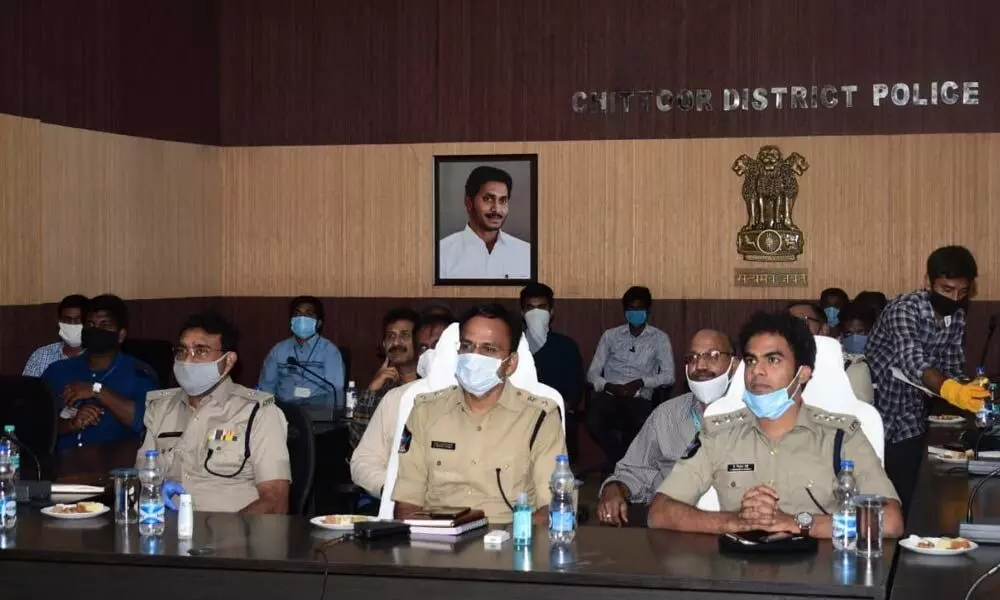 SP S Senthil Kumar and others participating in video conference addressed by DGP,  in Chittoor  on Friday