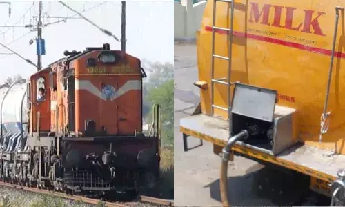 Doodh Duronto special train carrying milk to Hazarat Nizamuddin. (Right) Milk being loaded to the train tanker at Renigunta.