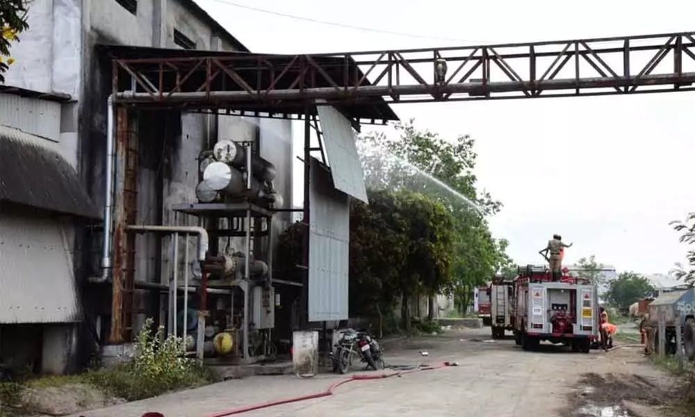 Fire tenders engaged in rescue operations at the SPY Agro chemical factory in Nandyal where ammonium gas leaked on Saturday