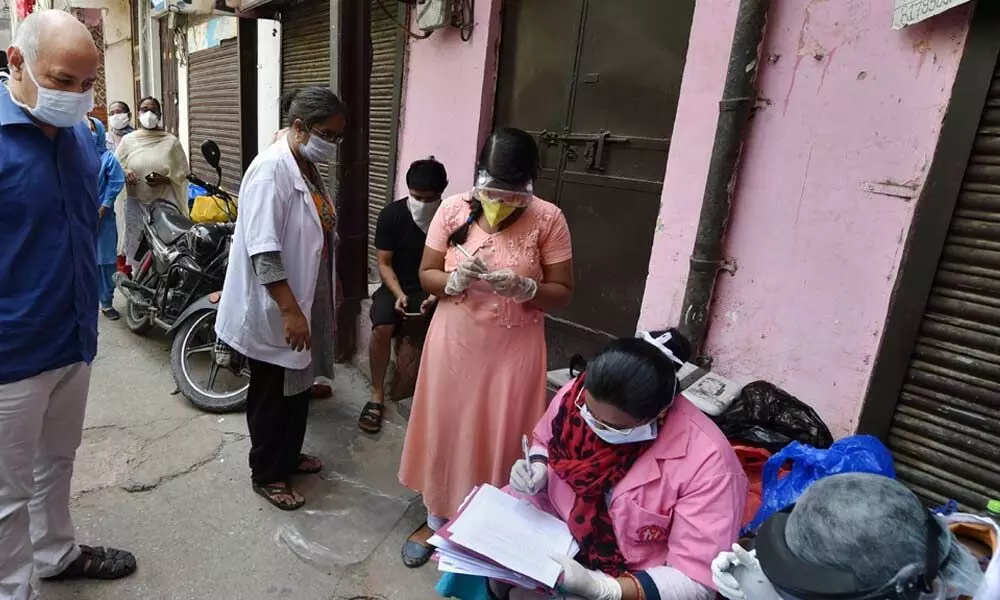 Delhi Deputy Chief Minister Manish Sisodia visits Nabi Karim area, where samples are being collected for serological survey to analyse the spread of COVID-19, in New Delhi, Saturday