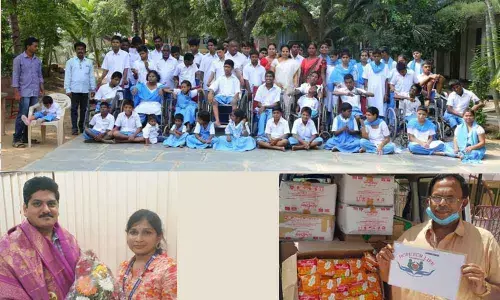 Hope for Life volunteers distributing help to needy people. (Right) Hope For Life logo; Ch Himaja Reddy felicitating M Mohan of Masterminds, Guntur as a token of respect for his services; Chairman of Child Welfare Committee in Krishna district BVS Kumar distributing sanitary napkins