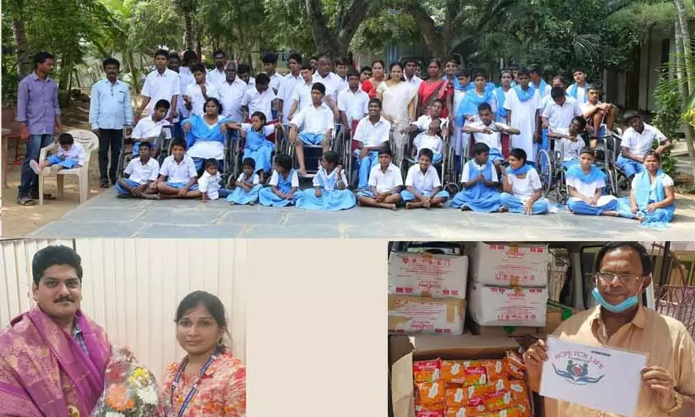 Hope for Life volunteers distributing help to needy people. (Right) Hope For Life logo; Ch Himaja Reddy felicitating M Mohan of Masterminds, Guntur as a token of respect for his services; Chairman of Child Welfare Committee in Krishna district BVS Kumar distributing sanitary napkins