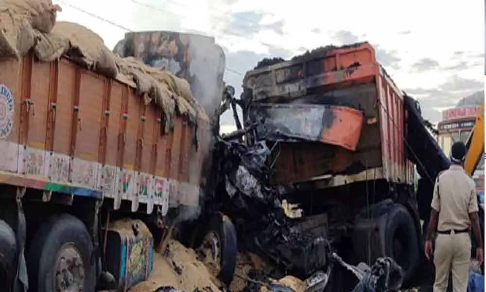 Lorry driver dies as the vehicle catches fire after a collision in Anantapur