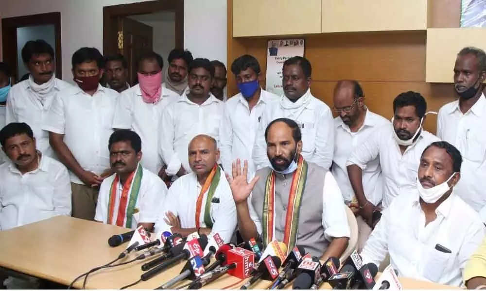 TPCC chief and Nalgonda MP Uttam Kumar Reddy addressing the media in Nalgonda on Tuesday