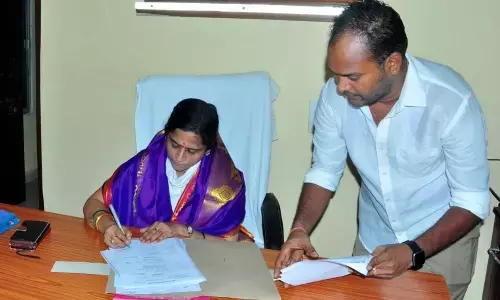 L Rama Devi taking charge as the EO of Sir Sita Ramachandra Swamy temple in Bhadrachalam on Wednesday