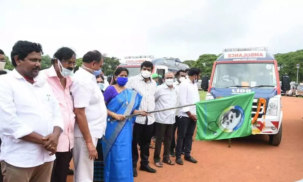 Minister T Vanita inaugurating 108 ambulance in Eluru on Wednesday