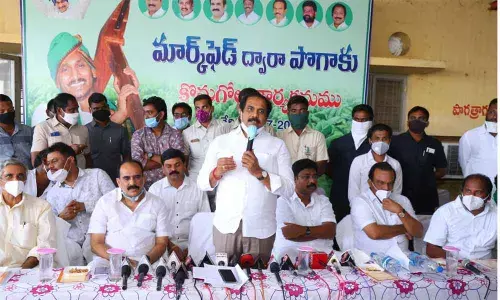 Minister Kannababu speaking at the inauguration of MARKFED purchase center in Ongole on Thursday