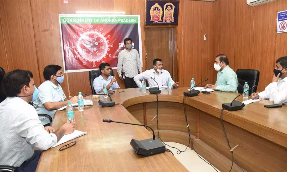 District Collector Dr N Bharat Gupta reviewing with the officials on Covid-19 in Tirupati on Thursday