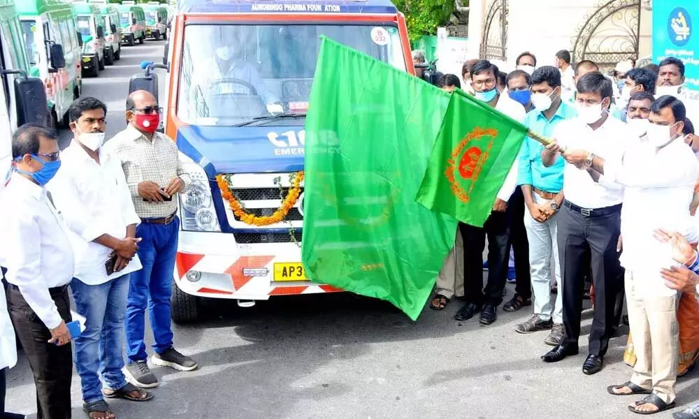 Deputy Chief Minister Amzath Basha and others flagging off newly introduced  108 Ambulances  in Kadapa  on Thursday