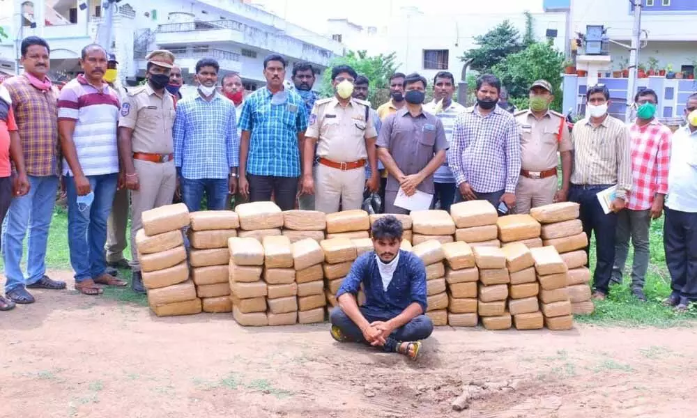 Police producing seized ganja and the accused before the media in Khammam on Friday