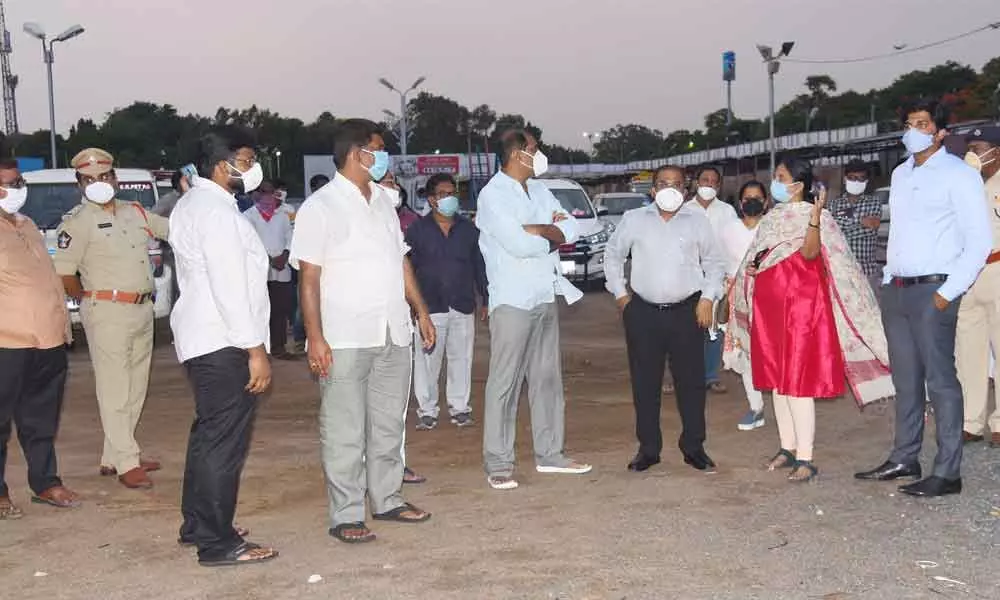 Krishna District Collector Md Imtiaz and other officials during a visit to the Swarajya Maidan in Vijayawada on Monday