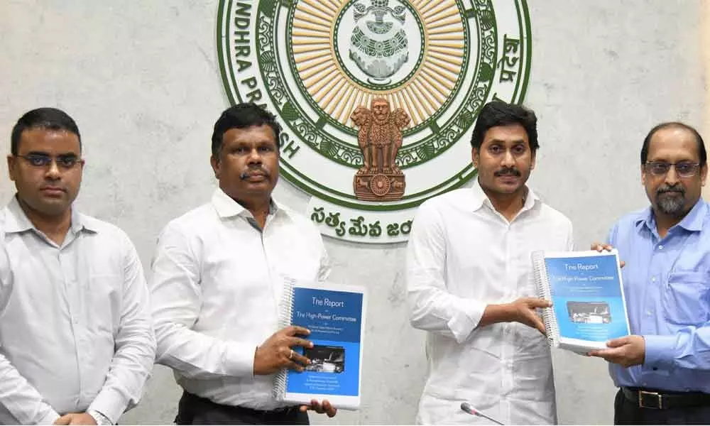 High-Power Committee cheif Neerab Kumar and other members submitting their report on Vizag gas leak to Chief Minister Y S Jagan Mohan Reddy at his camp office in Tadepalli on Monday