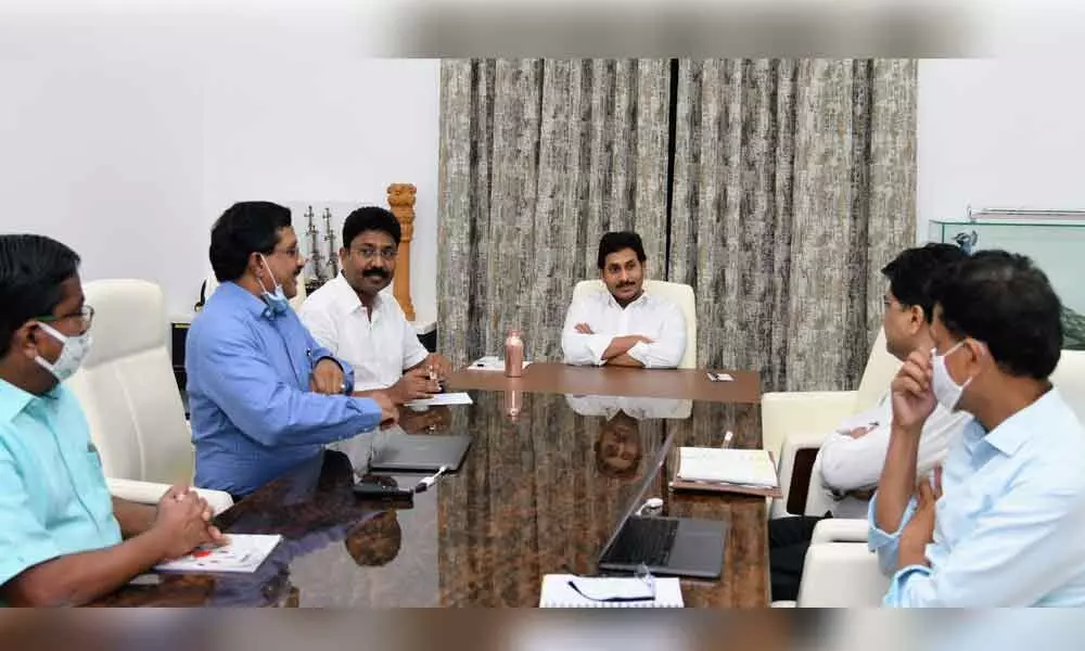 Chief Minister Y S Jagan Mohan Reddy reviewing Manabadi-Naadu Nedu at his camp office on Monday