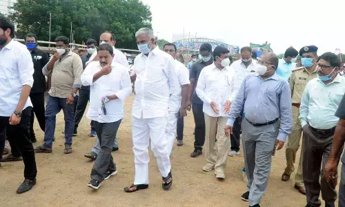 Ministers Peddireddy Ramachandra Reddy, Pinipe Viswaroop, Vellampalli Srinivas, Krishna District Collector MD Imtiyaz, Commissioner of Police B Srinivasulu and others inspecting arrangements at the site where stone will be laid for Dr B R Ambedkar statue at PWD Grounds (Swarajya Maidan) in Vijayawada on Tuesday Photo: Ch Venkata Mastan