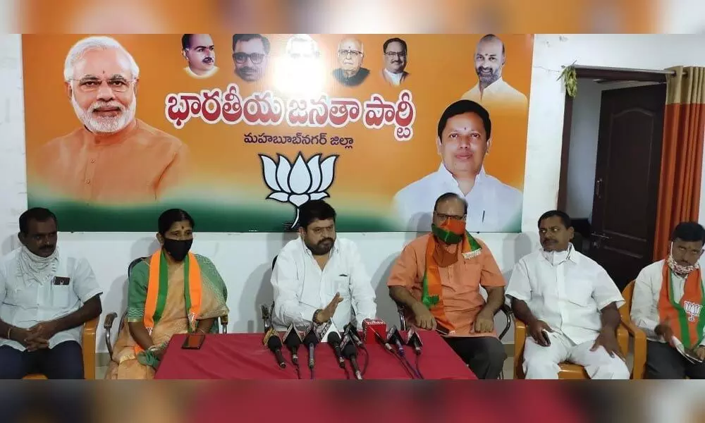 BJP MLC Ramachandra Rao speaking at a press meet at the party office in Mahbubnagar on Tuesday