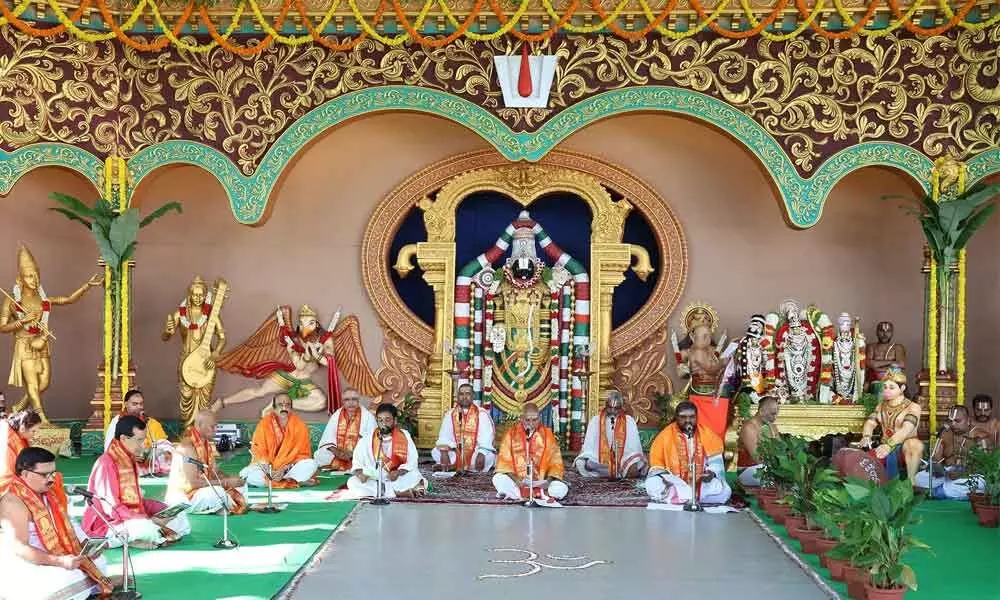 Vedic scholars rendering slokas of Sundarakanda at Tirumala on Tuesday
