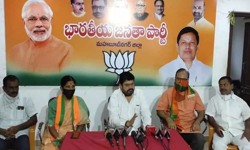 BJP MLC Ramachandra Rao speaking at a press meet at the party office in Mahbubnagar on Tuesday