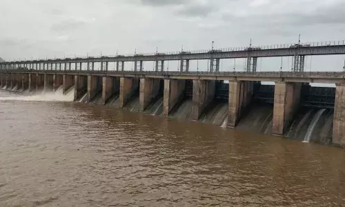Flood water reaching Taliperu project in Cherla on Wednesday