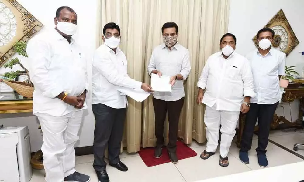 Khammam MP Nama Nageswara Rao and MLA S Venkata Veeraiah submitting a memorandum to IT and Industries Minister KT Rama Rao in Hyderabad on Thursday