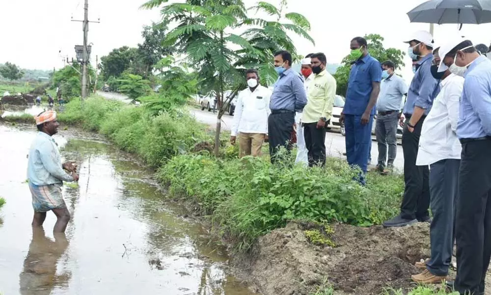 District Collector Dr A Sharath interacting with a farmer at Madipalli village on Friday