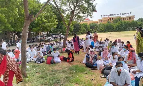 Outsourcing nursing staff of Gandhi Hospital protesting on Monday