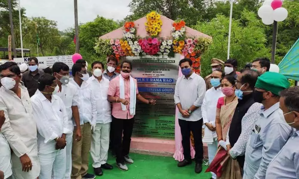 IT Minister KT Rama Rao along with Minsiter for Excise Srinivas Goud and Health Minister Eatala Rajender laying the foundation stone for Urban Eco Park at Mayuri in Mahbubangar on Monday
