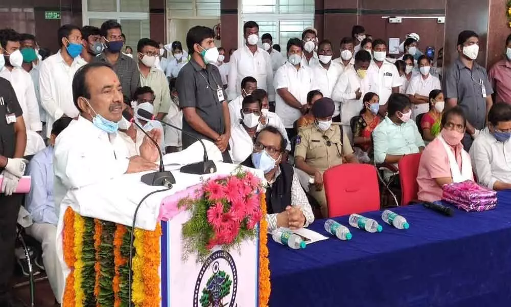 Health Minister Etala Rajender addressing after the inauguration of new Govt Medical College in Mahbubnagar on Monday