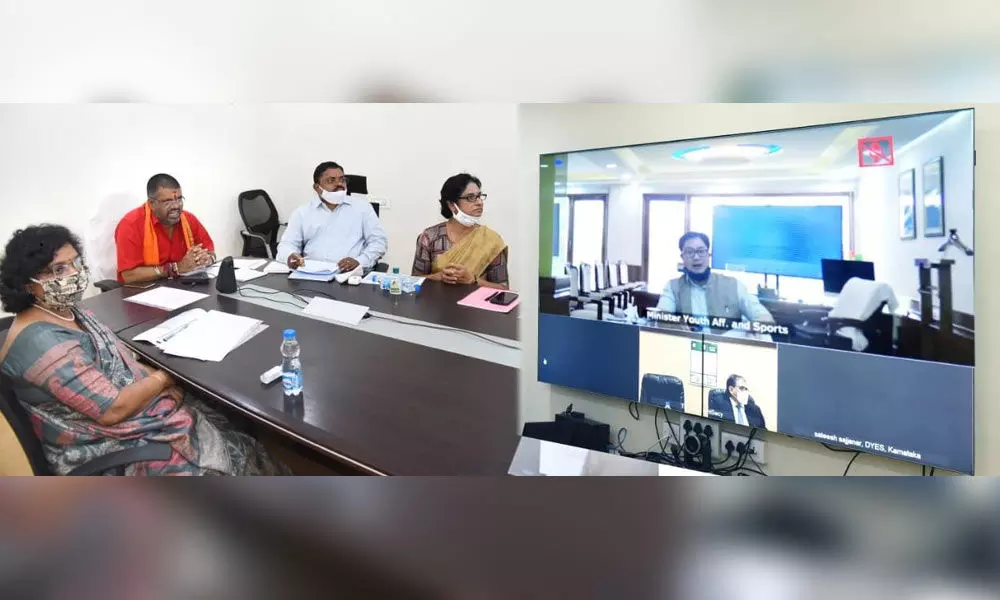 Minister for Tourism, Youth Services and Sports Muttamsetti Srinivasa Rao taking part in video conference conducted by Union Minister  Kiren Rijuju