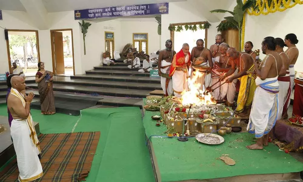 Vedic scholars performing Viswashanti Homam at Dharmagiri in Tirumala