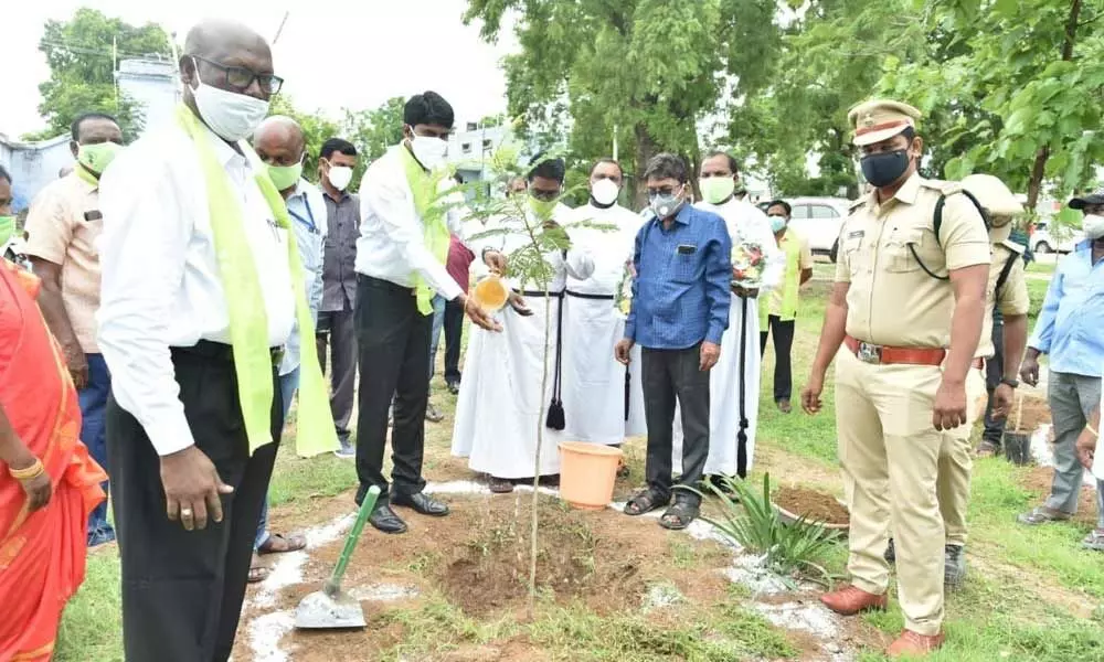 Collector C Narayana Reddy planting a sapling at the CSI ground in Nizamabad on Tuesday