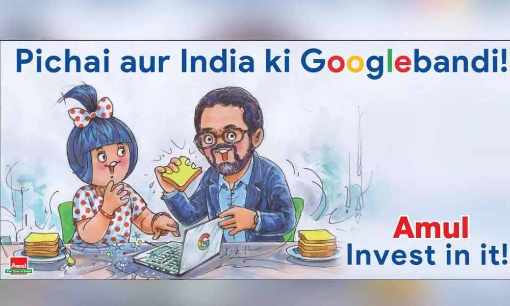 Amul shared an image on Twitter showing Sundar Pichai enjoying a meal with Amul girl.