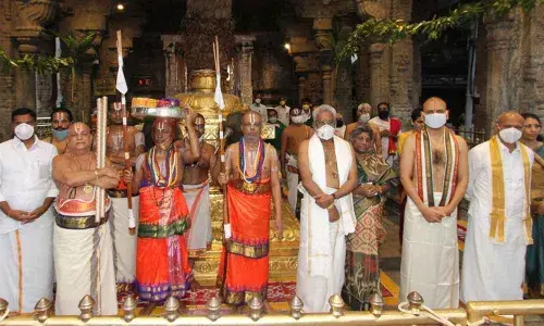 Sri Pedda Jeeyangar Swamy, Sri Chinna Jeeyangar Swamy,  TTD priests and officials participating in Anivara Asthanam at the shrine in Tirumala on Thursday