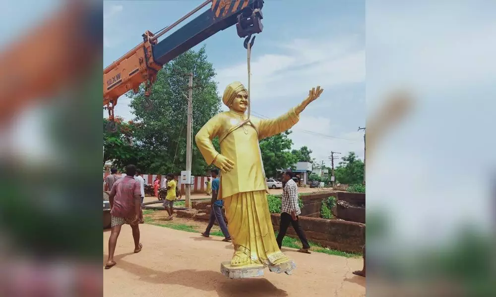 Statue of late TDP founder N T Rama Rao is being removed in Musunuru village near Kavali town on Saturday