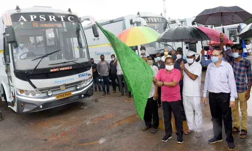 District Collector A Md Imtiaz inaugurating Sanjeevini buses by flagging off near Collector’s camp office in Vijayawada on Sunday