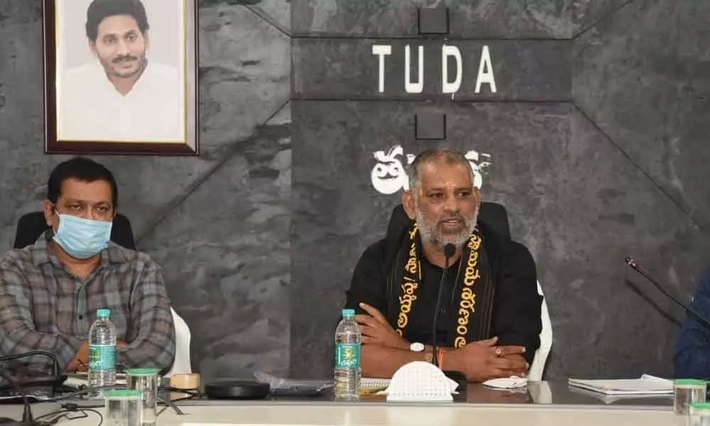 TUDA chairman and Govt Whip Chevireddy Bhaskar Reddy and other officials during  Covid-19 Coordination Committee meeting in Tirupati on Sunday