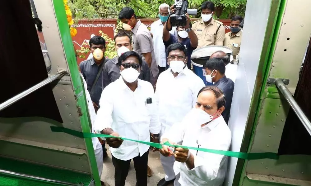 Transport Minister Puvvada Ajay Kumar inaugurating Mobile She Toilets at Khammam Collectorate on Sunday