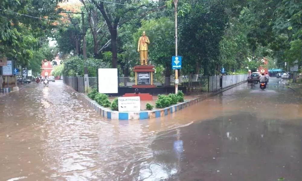 Rainwater stagnated at Collectorate in Kakinada on Monday