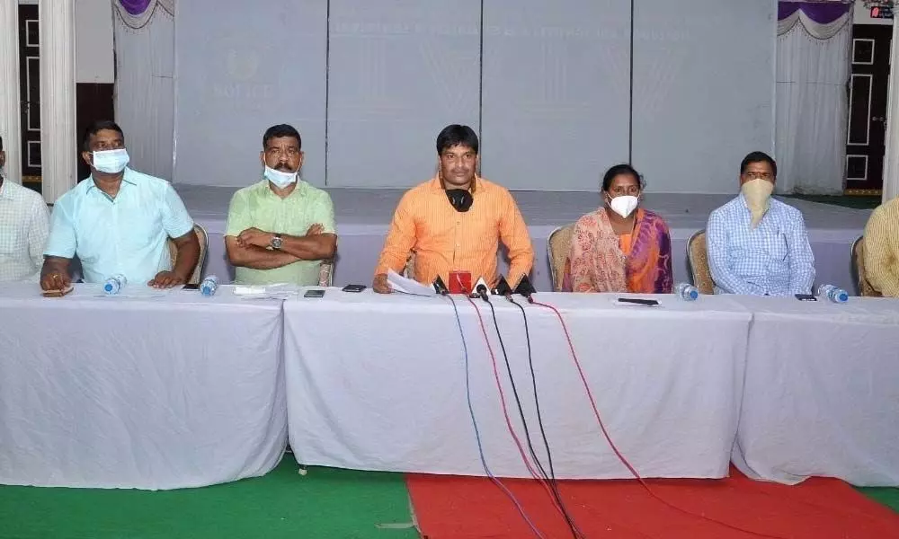 Prakasam District Police Association leaders speaking at a press conference in Ongole on Monday