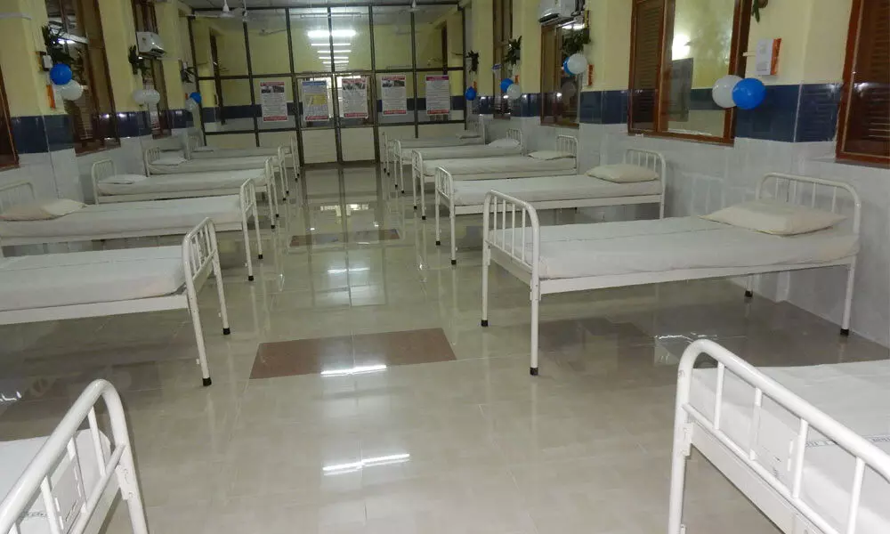 Beds arranged in a quarantine centre  in SCCL