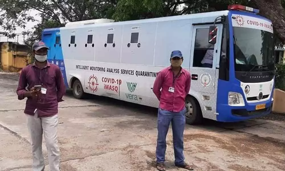 Mobile Covid-19 testing vehicle at Piduguralla Agriculture Market Yard in Guntur district