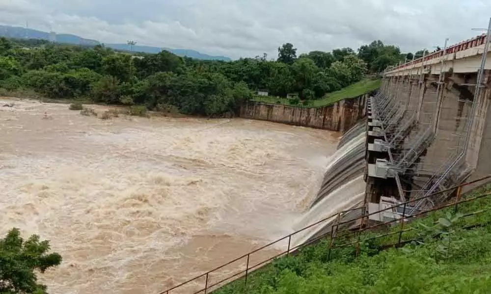 Kinnerasani project at Palwancha filled with floodwater in Kothagudem district on Thursday