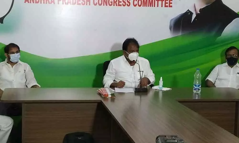 PCC president S Sailajanath addressing media at Andhra Ratna Bhavan in Vijayawada on Thursday