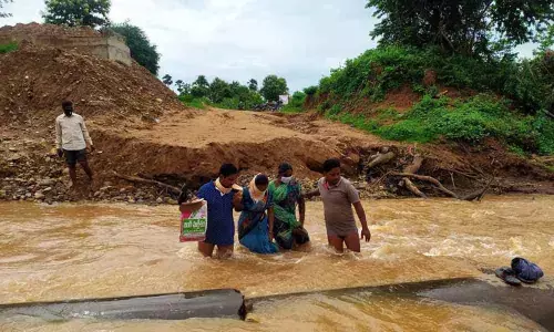 Family members helping a pregnant woman crossing Mallanna vagu at Rollagadda village on Friday