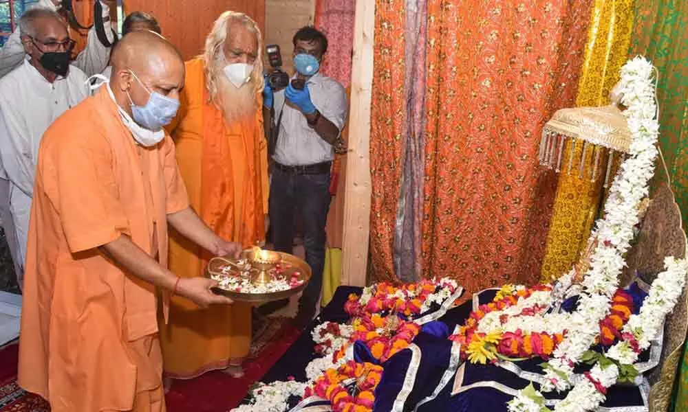 UP Chief Minister Yogi Adityanath offers prayers to Lord Ram in the Ram Janmabhoomi campus in Ayodhya on  Saturday