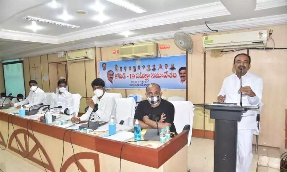 Health Minister Eatala Rajender addressing a meeting of Health officials in Nizamabad on Sunday