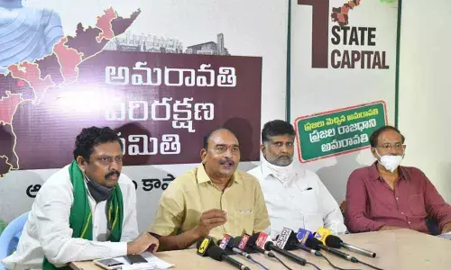 JAC leaders Siva Reddy, Gadde Tiriupati Rao, RV Swamy and Mallikarjuna Rao speaking to the media after sending a memorandum to Governor Biswa Bhusan Harichandan in Vijayawada on Monday
