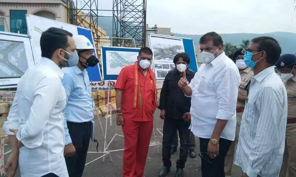 Minister for Municipal Administration and Urban Development Botcha Satyanarayana instructing officials to complete NAD flyover project in Visakhapatnam on Monday. Tourism Minister Muttamsetti Srinivasa Rao is also seen.