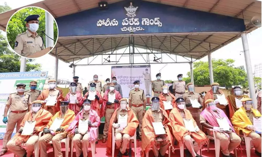SP S Senthil Kumar addressing police warriors, who recovered from Covid-19 and resumed their services, in Chittoor on Monday. (Inset)