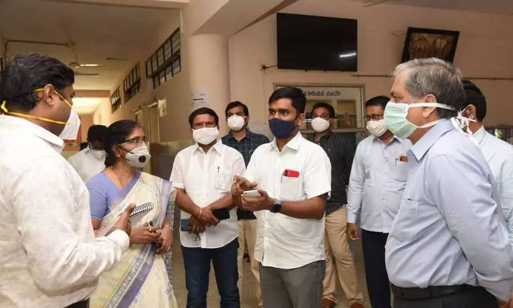 Collector Dr N Bharat Gupta at S V Ayurvedic Hospital in Tirupati on Monday. DM&HO Dr M Penchalaiah and RMO Dr Padmavathi are also seen